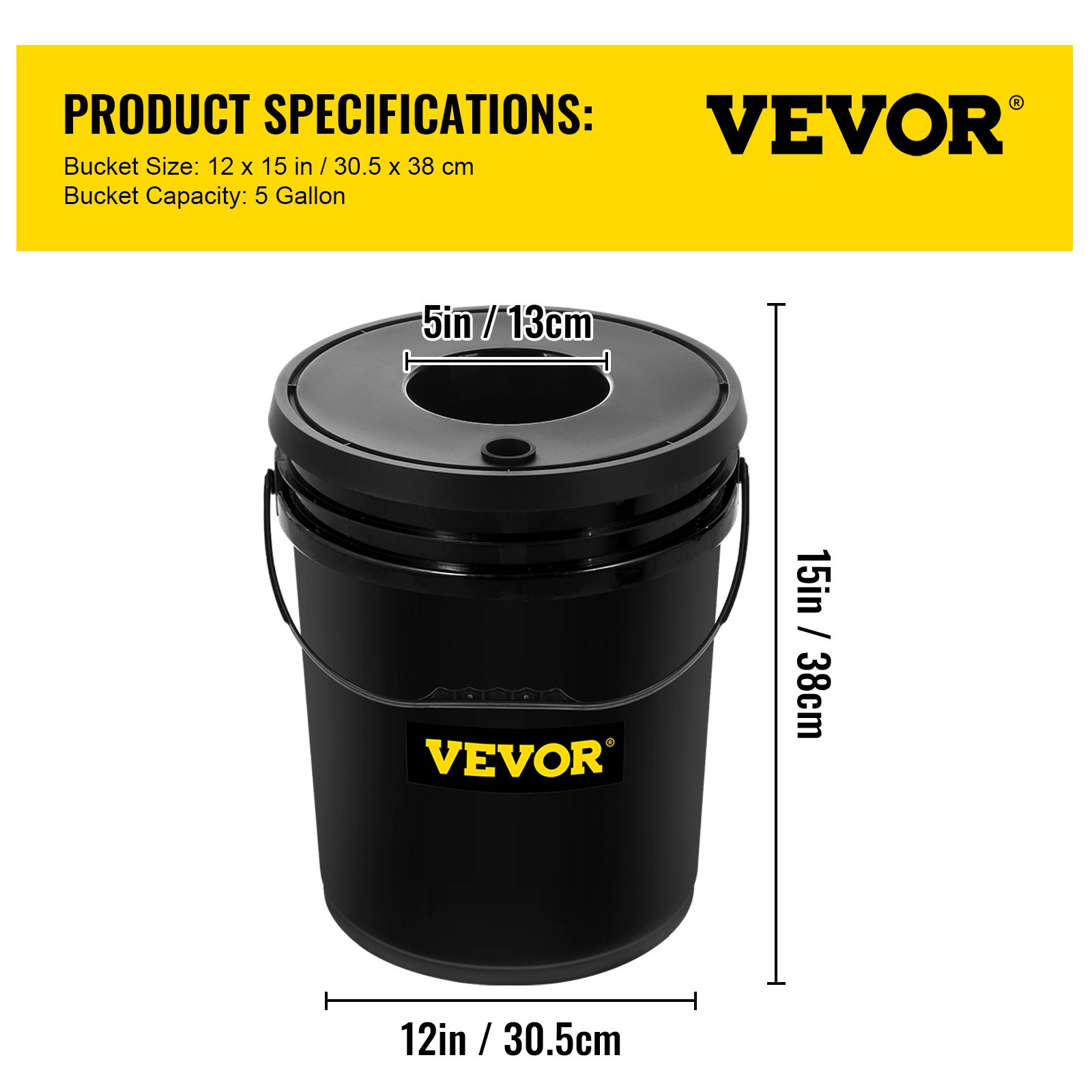 Sistema hidropónico VEVOR, balde de 5 galones, 12 x 15 pulgadas, negro con logotipo amarillo.