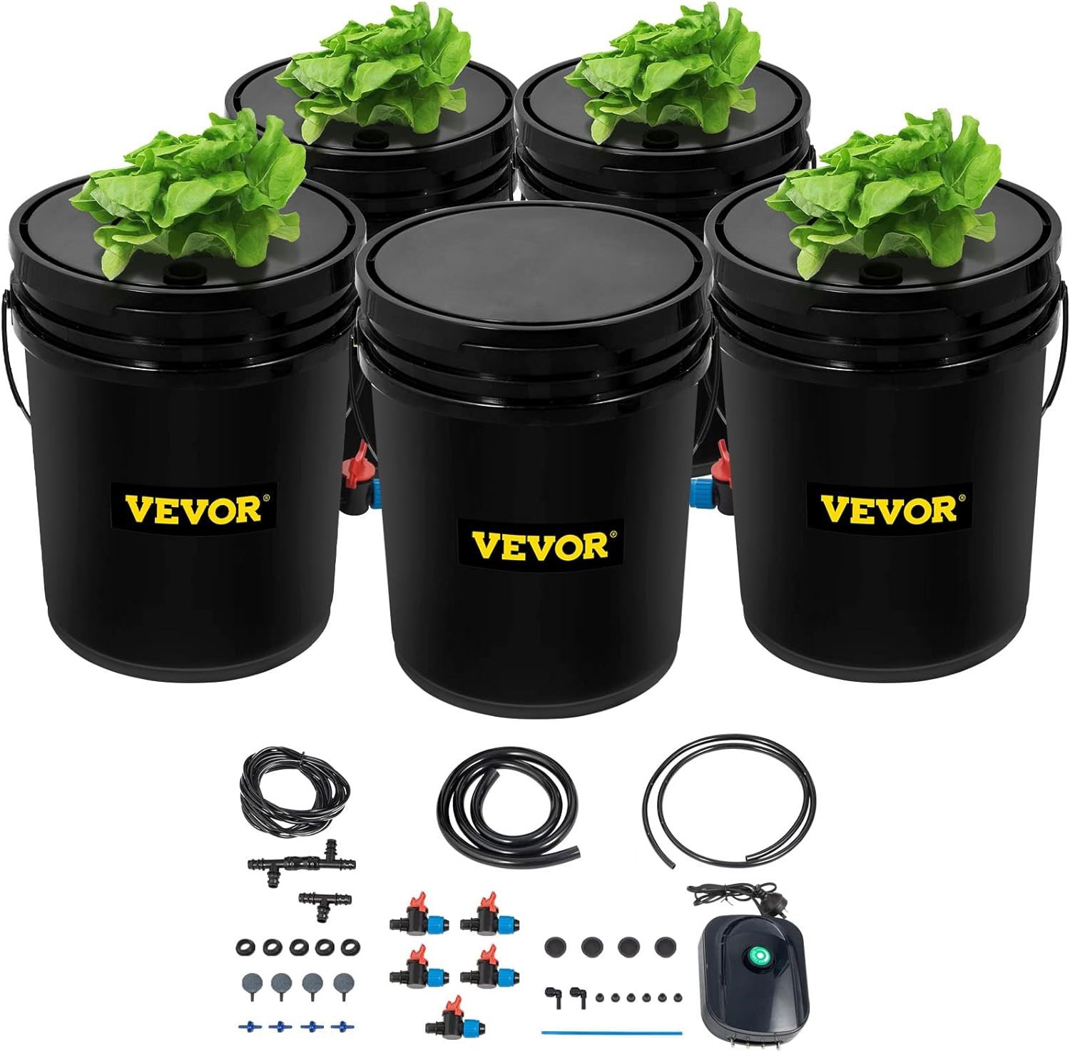 Sistema hidropónico VEVOR con exuberantes plantas verdes en cubos negros.