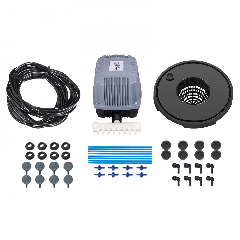 Kit de sistema hidropónico VEVOR con bomba, tubos, piedras difusoras y conectores.