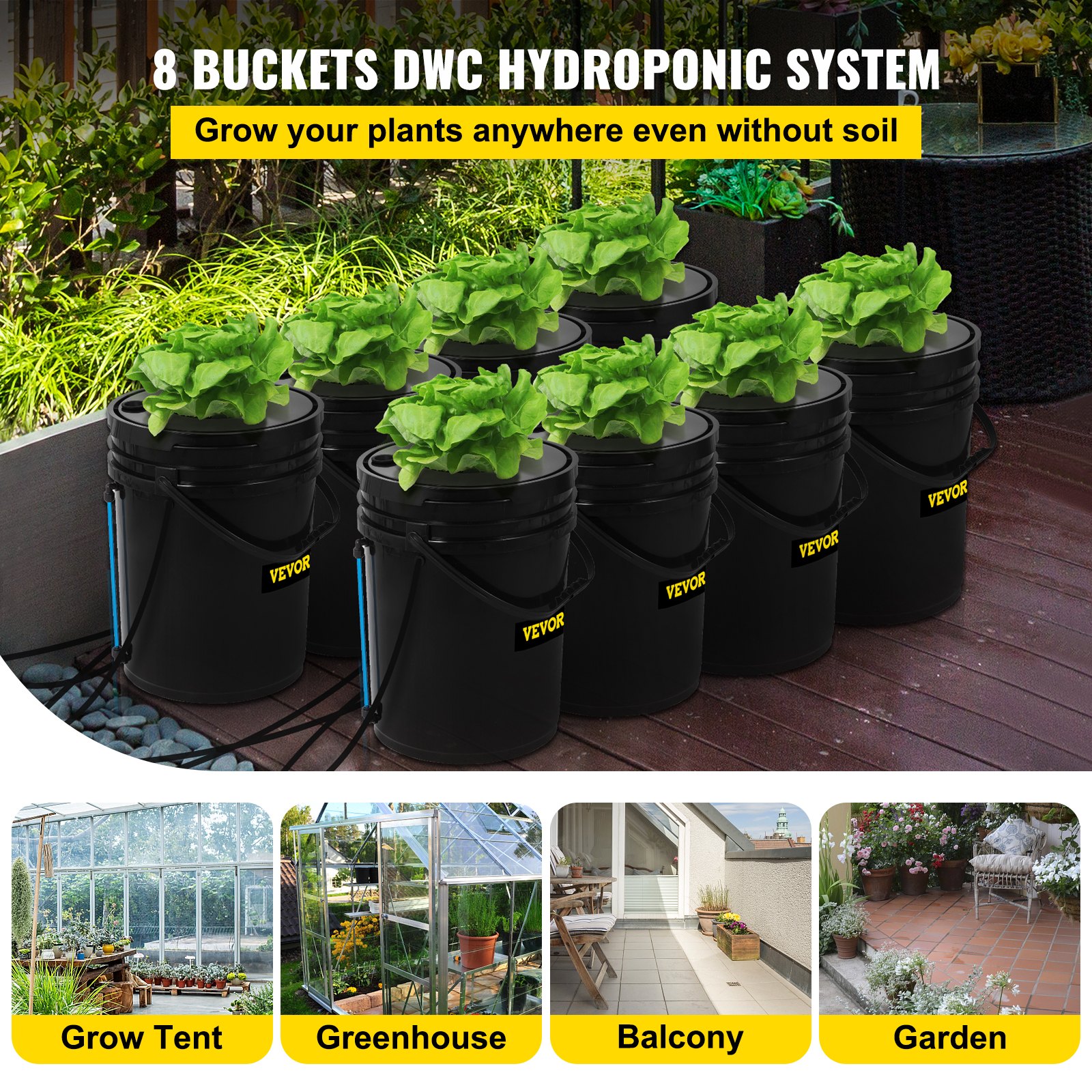 Sistema hidropónico VEVOR con 8 cubos para cultivar plantas sin tierra.
