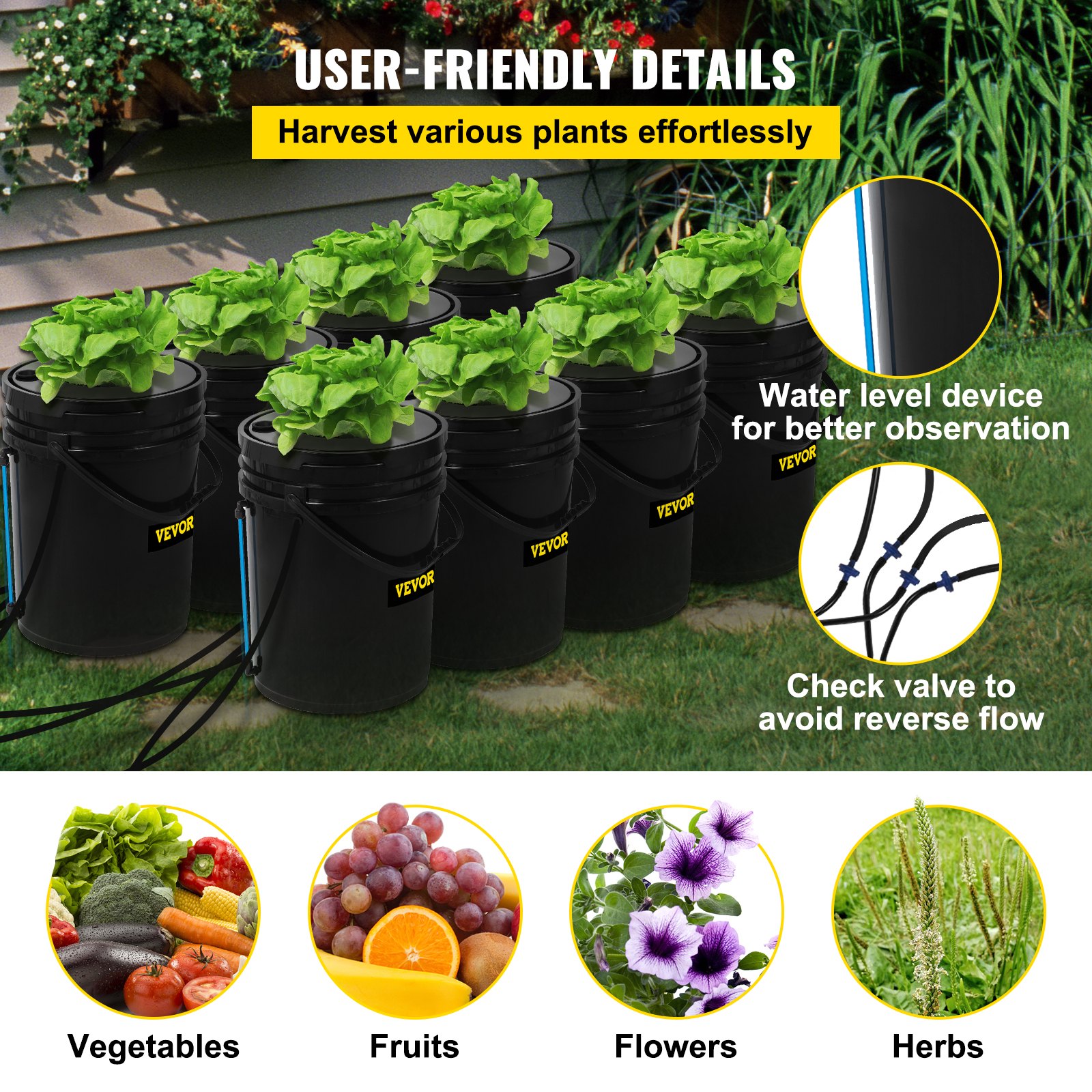Sistema hidropónico VEVOR con dispositivo de nivel de agua, válvula de retención y varias plantas.