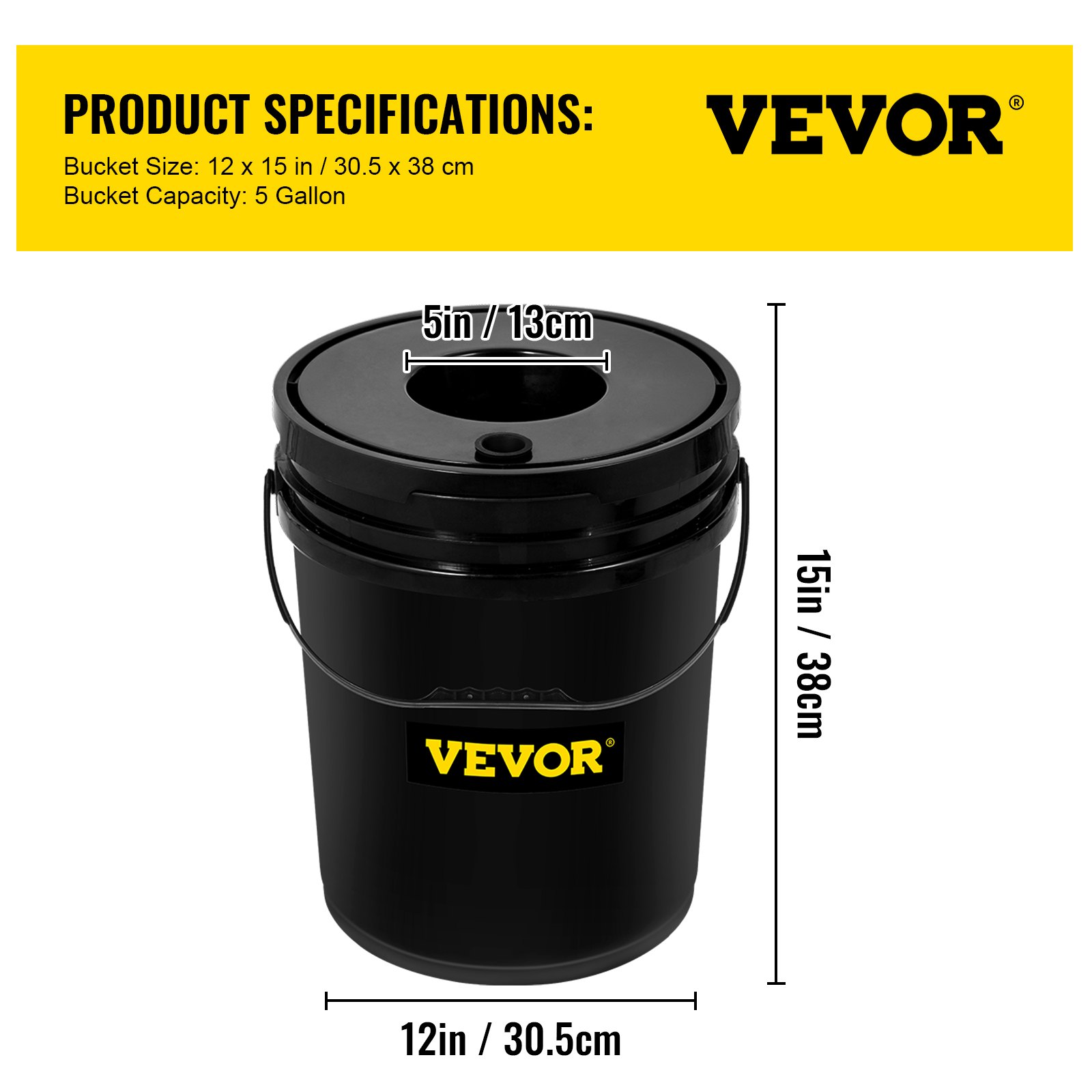 Balde negro para sistema hidropónico VEVOR, capacidad de 5 galones, tamaño 12 x 15 pulgadas.