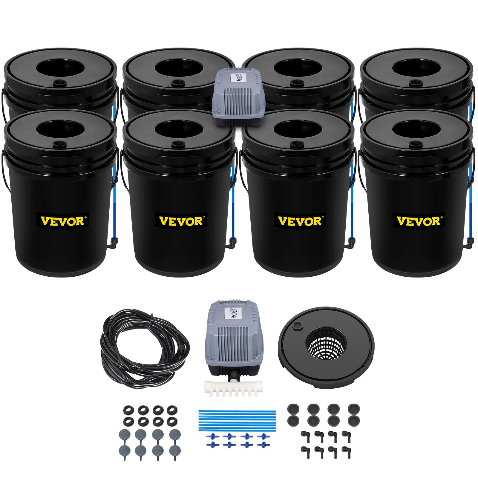 Sistema hidropónico VEVOR con 8 cubos negros, bomba de aire, tubos y accesorios.