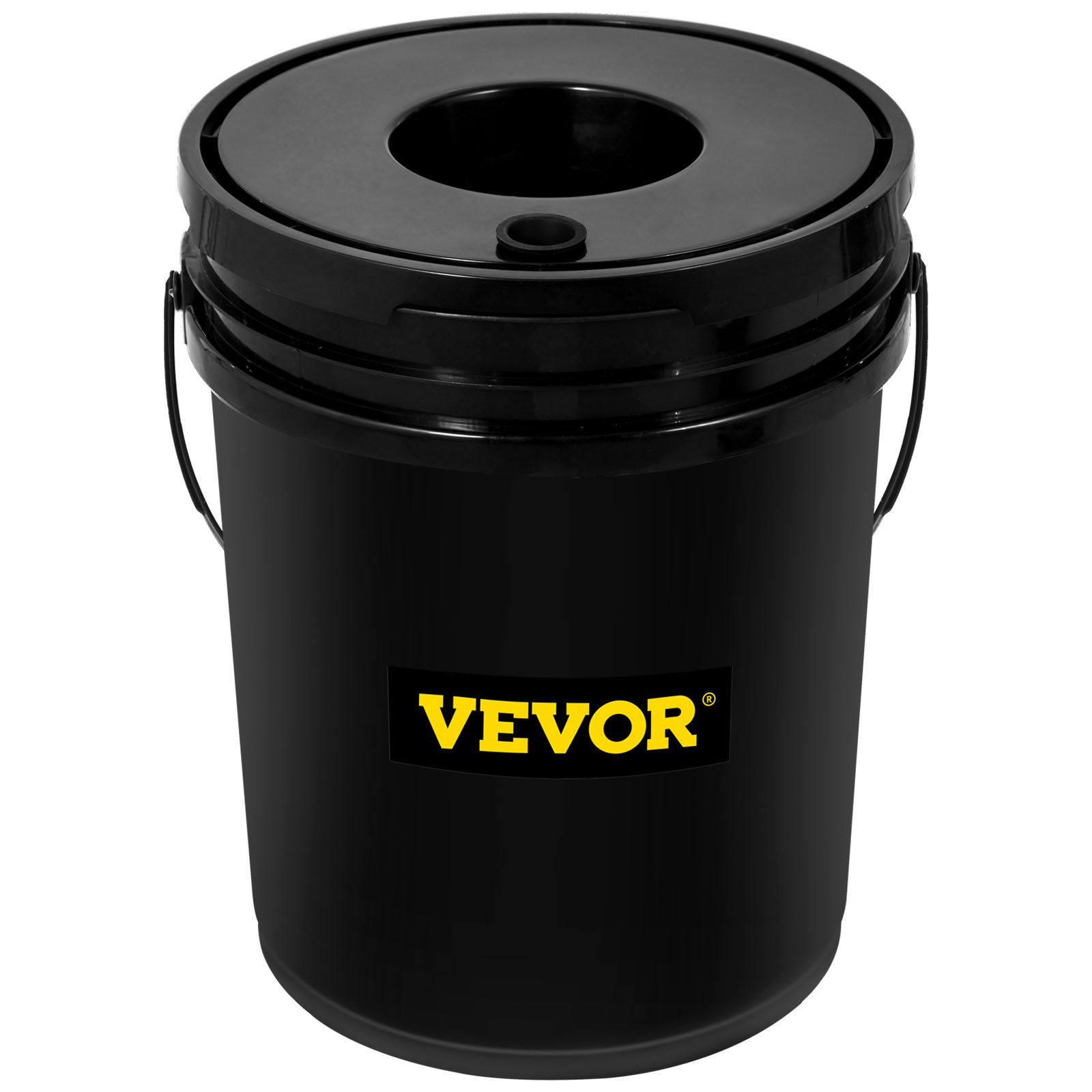 Cubo de sistema hidropónico VEVOR negro con logotipo y tapa amarillos.