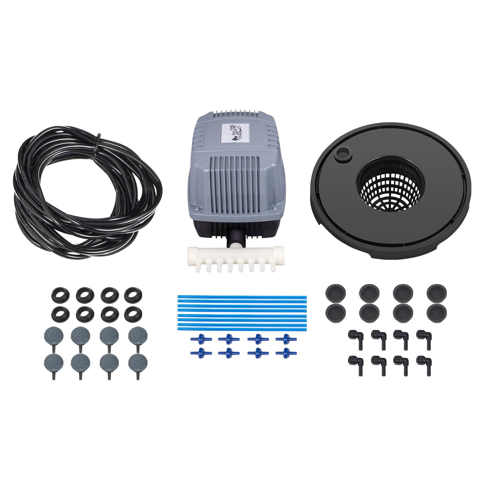 Kit de sistema hidropónico VEVOR con bomba, tubos, piedras difusoras y conectores.