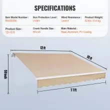 VEVOR Toldo retráctil manual, 12 x 10 pies, toldo para patio al aire libre, parasol retráctil, poliéster resistente al agua, puerta de patio, ventana, toldo, refugio con manivela para patio trasero, balcón