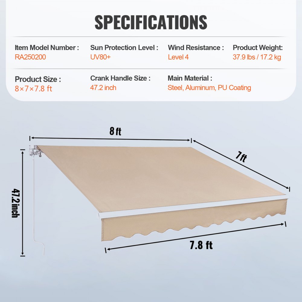 Toldo retráctil manual VEVOR de 2,4 x 2,1 m para patio exterior, toldo retráctil de poliéster resistente al agua para puertas y ventanas, toldo con manivela para patio y balcón.