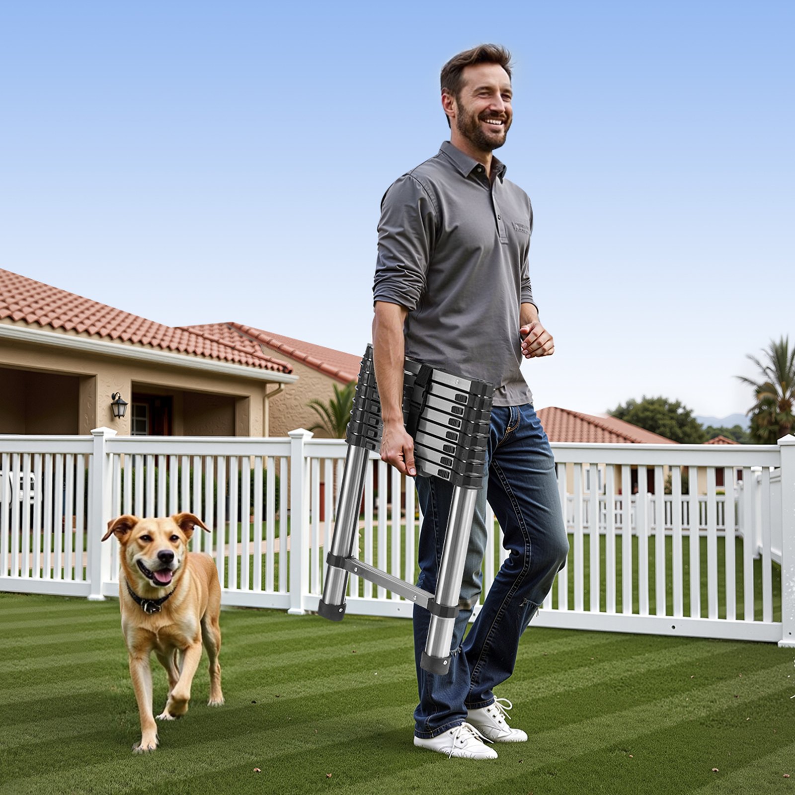 Escalera telescópica VEVOR, ligera, extensible, de acero inoxidable, de 2,6 m, plegable, con retracción multibotón, capacidad de 150 kg y patas antideslizantes, portátil, de 9 peldaños, para casa, caravana y loft.