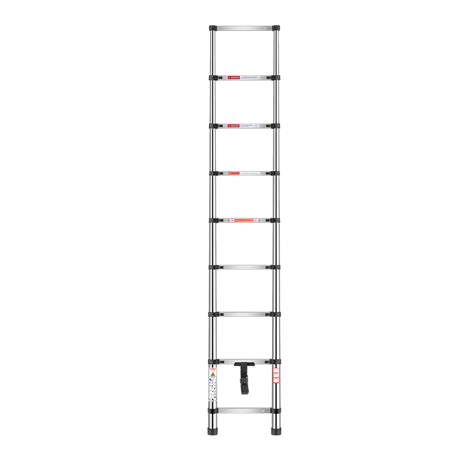 Escalera telescópica VEVOR, ligera, extensible, de acero inoxidable, de 2,6 m, plegable, con retracción multibotón, capacidad de 150 kg y patas antideslizantes, portátil, de 9 peldaños, para casa, caravana y loft.