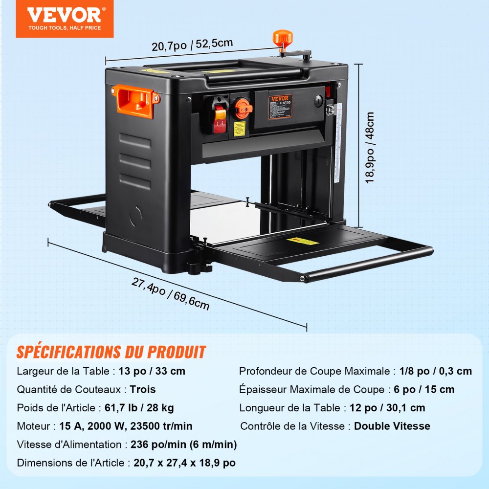 Cepilladora de sobremesa VEVOR, doble velocidad, mesa de 33 cm de ancho, equipada con tres cuchillas, motor de 15 A y 2000 W, incluye mesa de entrada extendida de 30 cm, diseñada para un funcionamiento silencioso en diversos tipos de madera.