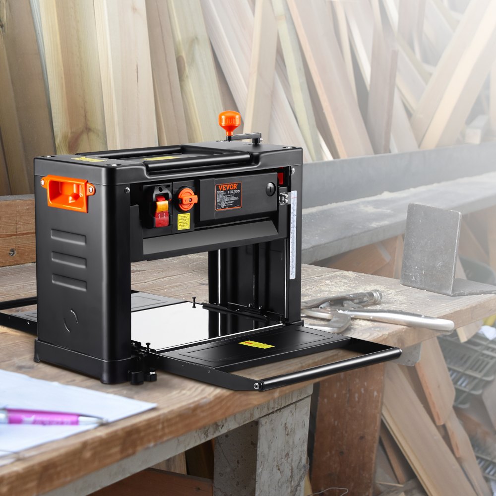 Cepilladora de sobremesa VEVOR, doble velocidad, mesa de 33 cm de ancho, equipada con tres cuchillas, motor de 15 A y 2000 W, incluye mesa de entrada extendida de 30 cm, diseñada para un funcionamiento silencioso en diversos tipos de madera.