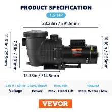 Bomba de piscina VEVOR 1.5HP 230V, bombas de velocidad dual variable 1100W para piscina sobre el suelo, potente bomba autocebante con cesta de filtro de colador, 5400 GPH máx. Flujo, bomba de piscina de ahorro de energía