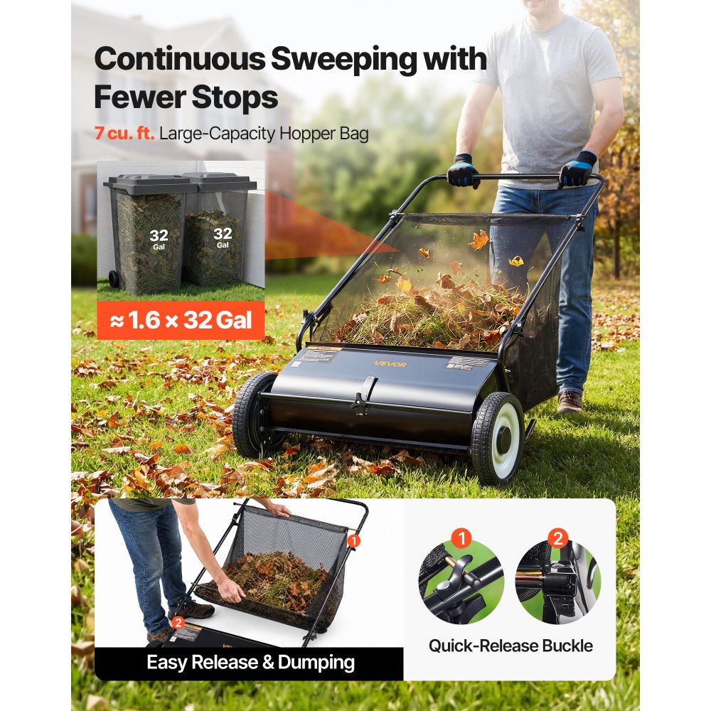 VEVOR Barredora de Césped 198 L Cortacésped Manual con Bolsa recolectora Ancho de Barrido 66 cm Cepillo Giratorio Altura Ajustable Ruedas 25,4 cm para Césped Hojas de Jardín Escombros Secos