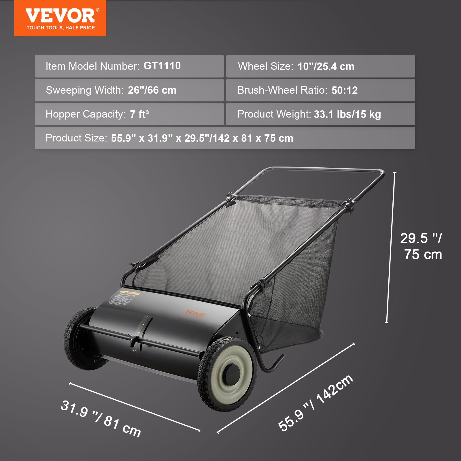 VEVOR Barredora de césped de empuje, recolector de hojas y césped de 26 pulgadas, ruedas de goma resistentes y acero engrosado resistente, duradero de usar con gran capacidad de 7 pies cúbicos. ft. Bo