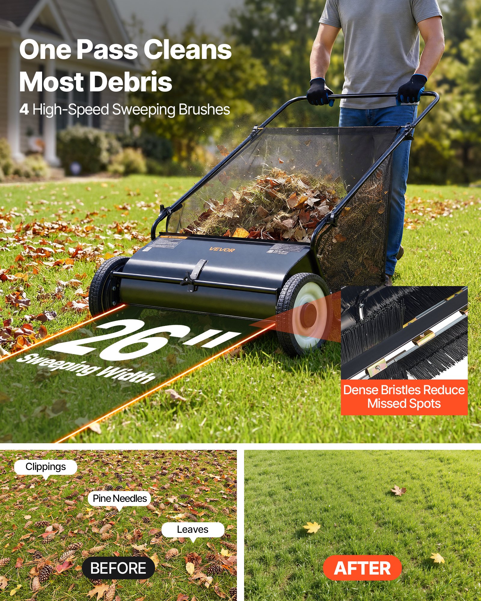 VEVOR Barredora de Césped 198 L Cortacésped Manual con Bolsa recolectora Ancho de Barrido 66 cm Cepillo Giratorio Altura Ajustable Ruedas 25,4 cm para Césped Hojas de Jardín Escombros Secos