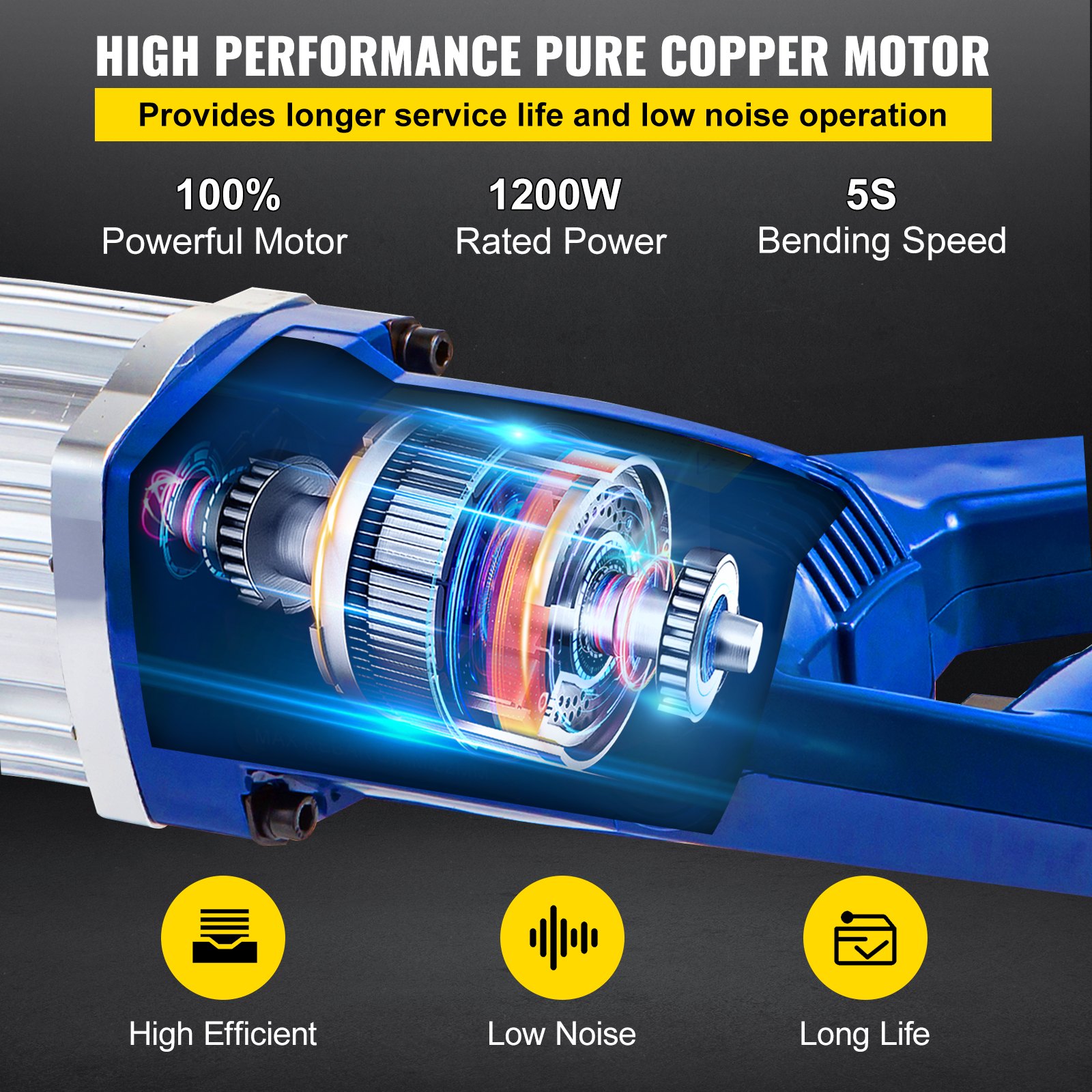 Dobladora de varillas de refuerzo eléctrica VEVOR con motor de 1200 W, bajo nivel de ruido y velocidad de doblado de 5 segundos.