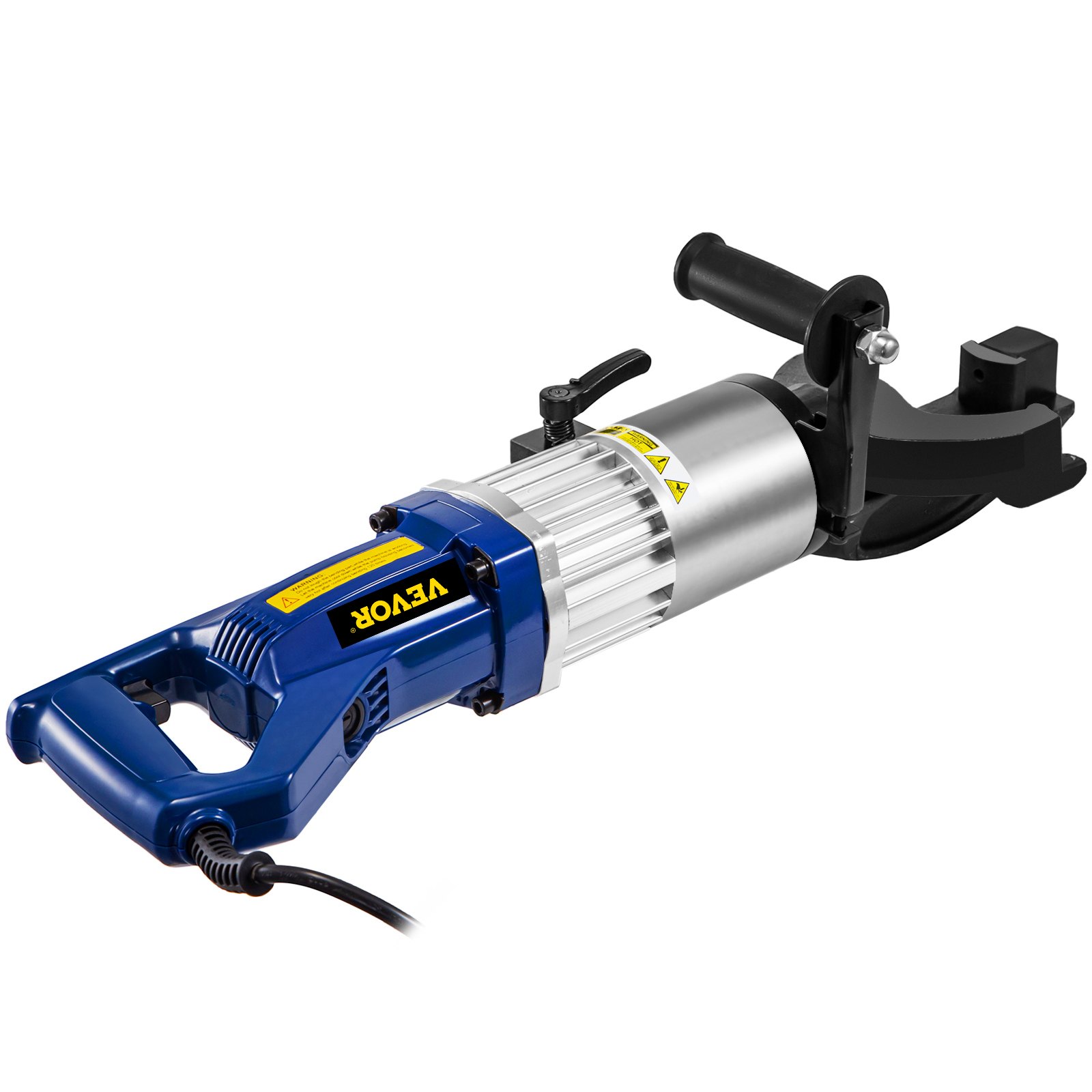 Dobladora de varillas eléctrica VEVOR con mango azul y cuerpo metálico para uso en construcción.