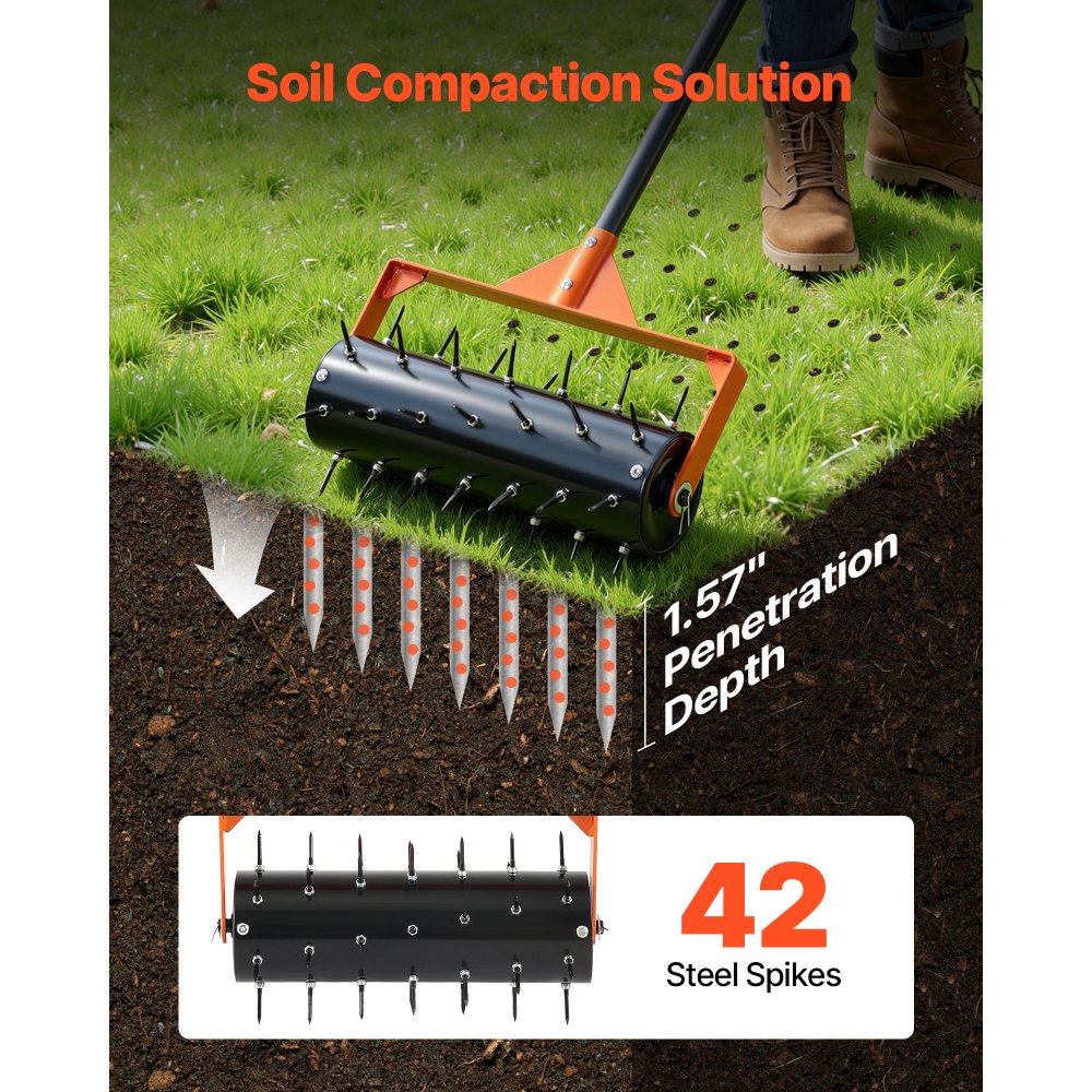 Aireador de césped VEVOR, rodillo aireador manual de 15 pulgadas con 42 púas y mango largo de 60 pulgadas, tambor rellenable para mayor peso, penetrador de suelo de césped de alta resistencia para suelos compactados de jardín y patio.