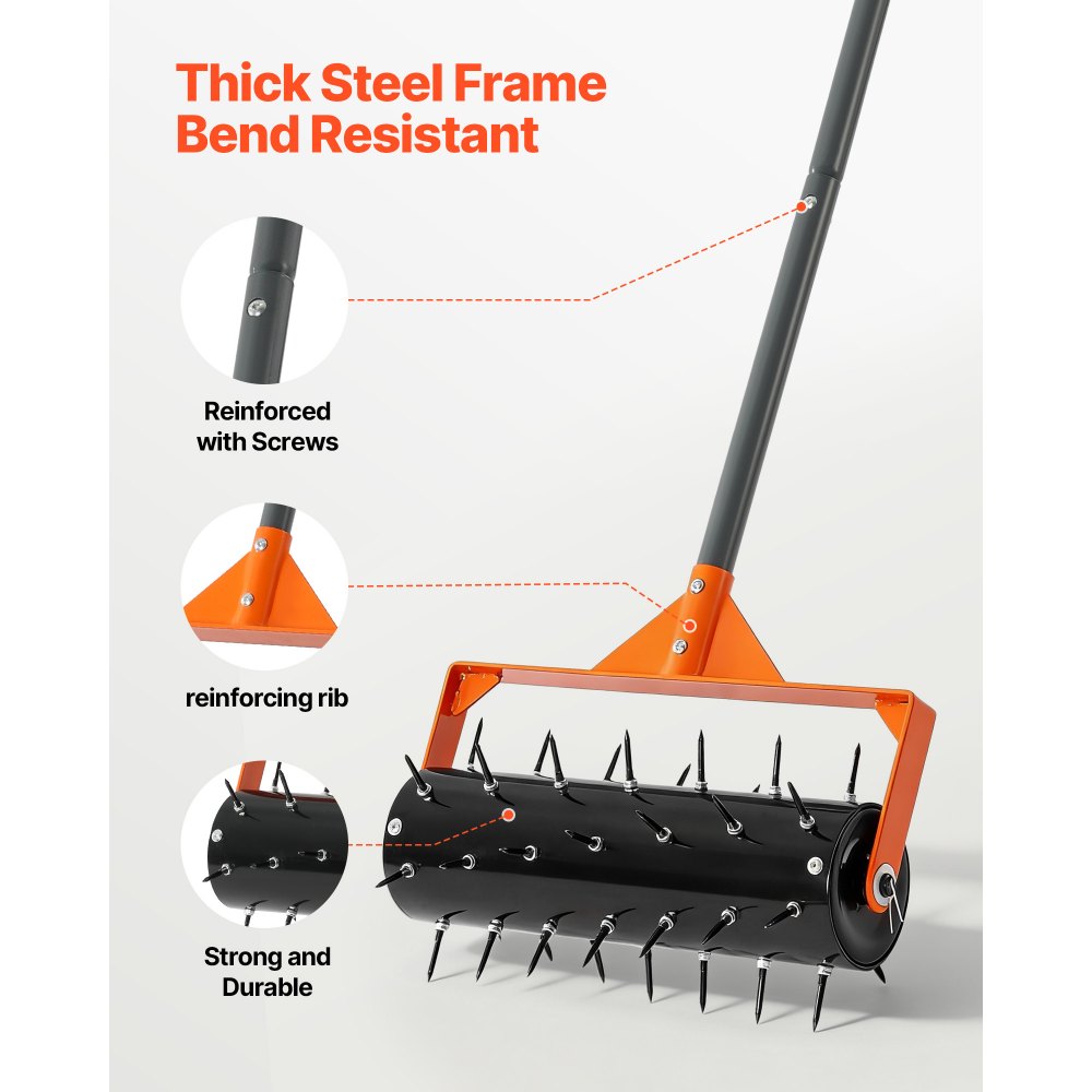Aireador de césped VEVOR, rodillo aireador manual de 15 pulgadas con 42 púas y mango largo de 60 pulgadas, tambor rellenable para mayor peso, penetrador de suelo de césped de alta resistencia para suelos compactados de jardín y patio.