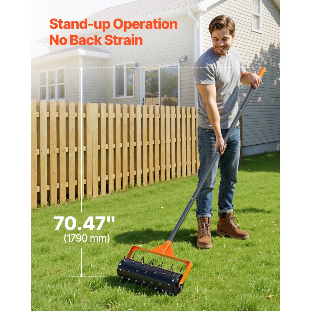 Aireador de césped VEVOR, rodillo aireador manual de 15 pulgadas con 42 púas y mango largo de 60 pulgadas, tambor rellenable para mayor peso, penetrador de suelo de césped de alta resistencia para suelos compactados de jardín y patio.