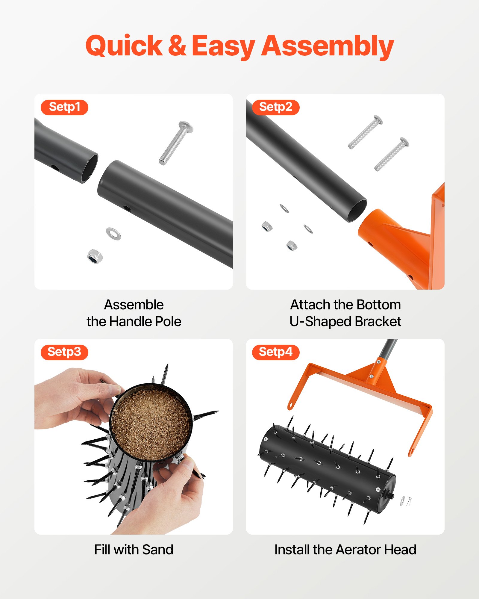 VEVOR Aireador de Césped Rodante con 42 Púas de Acero de 5 cm, Mango Largo de 152 cm, Tambor Rellenable con Arena, Herramienta de Aireación de Césped Manual para Jardín Patio y Zonas para Mascotas