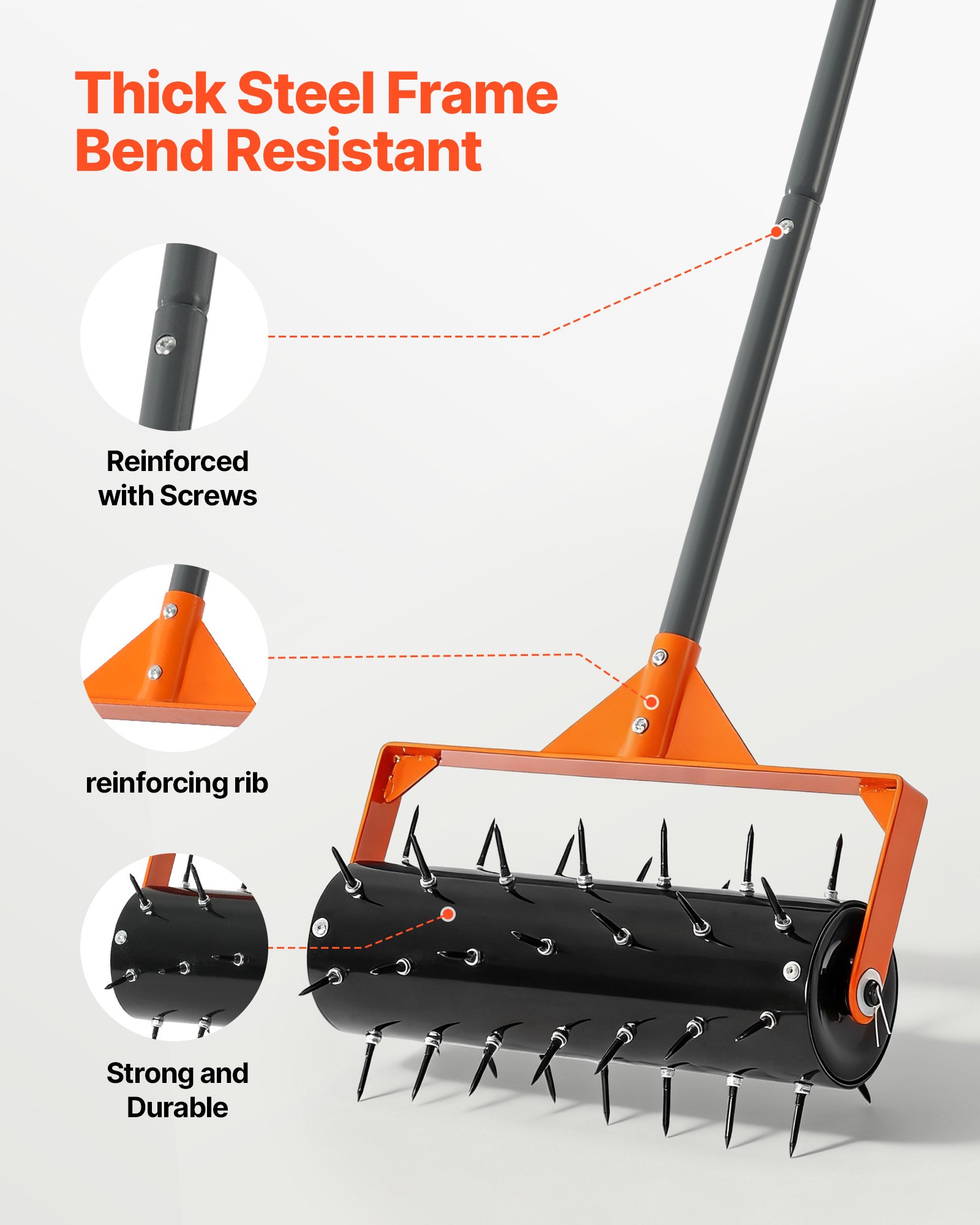 Aireador de césped VEVOR, rodillo aireador manual de 15 pulgadas con 42 púas y mango largo de 60 pulgadas, tambor rellenable para mayor peso, penetrador de suelo de césped de alta resistencia para suelos compactados de jardín y patio.