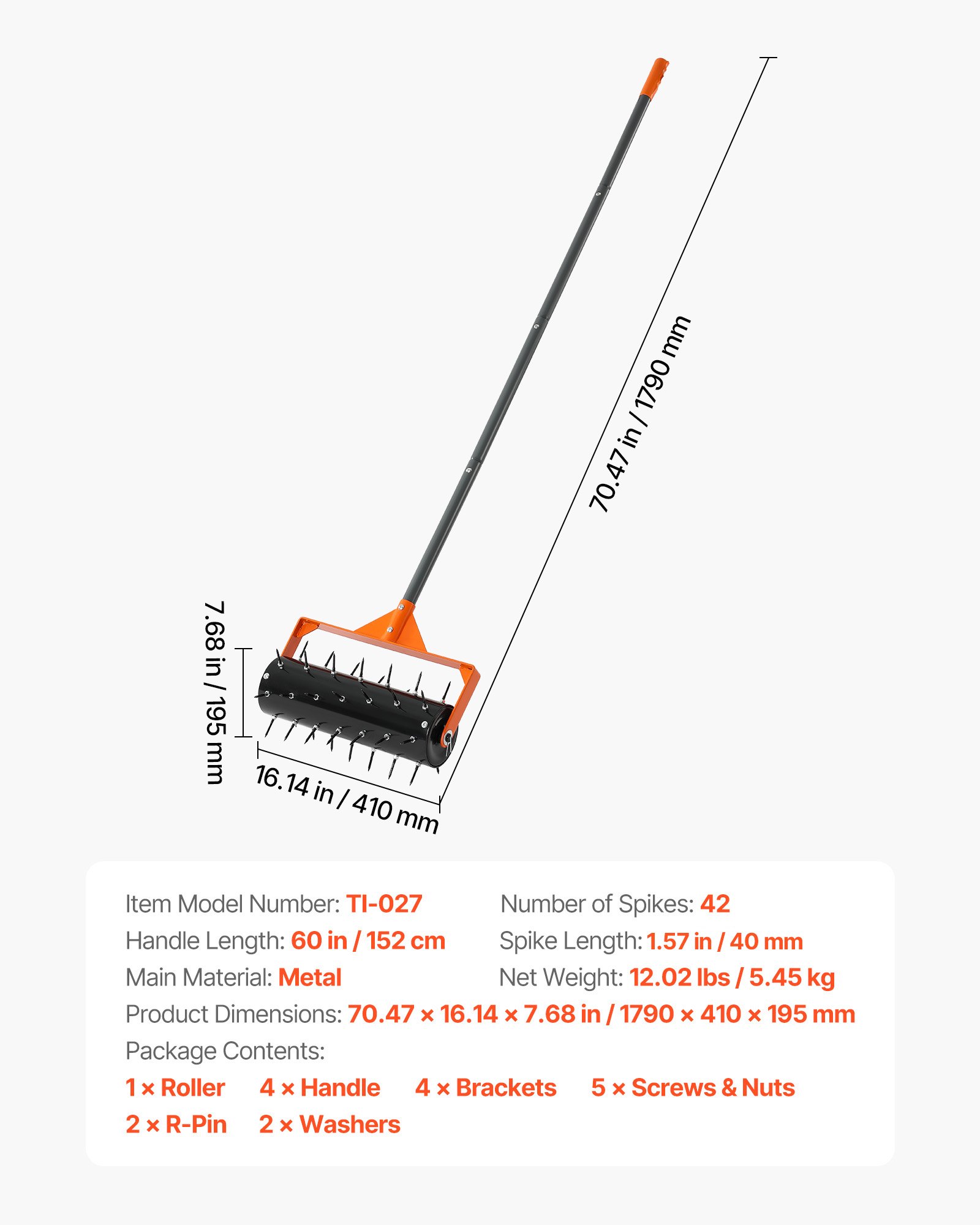 Aireador de césped VEVOR, rodillo aireador manual de 15 pulgadas con 42 púas y mango largo de 60 pulgadas, tambor rellenable para mayor peso, penetrador de suelo de césped de alta resistencia para suelos compactados de jardín y patio.
