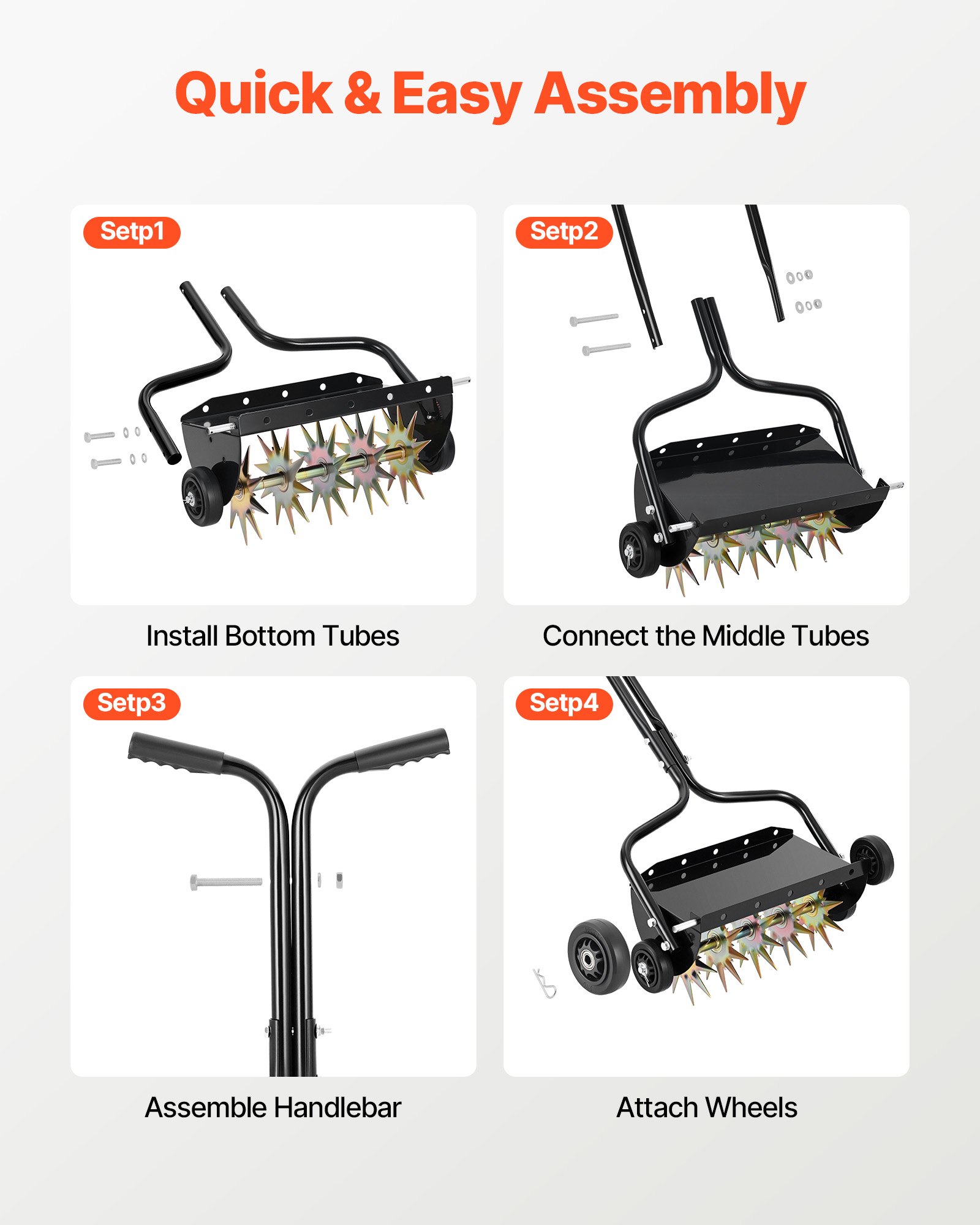 VEVOR Aireador de Césped con Ruedas, 5 cm de Profundidad, Soporta hasta 18 kg, Mango de 130 cm, Acero Resistente, Herramienta de Aireación de Césped Manual para Jardín Zonas para Mascotas y Patio