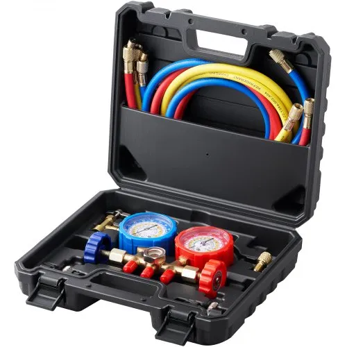 Juego de manómetros VEVOR para aire acondicionado: manómetro de 3 vías para refrigerantes R134A, R22, R12 y R502. Manómetros de freón con mangueras de 1,5 m, acopladores y grifos. Funciona en la carga y evacuación de freón del automóvil.