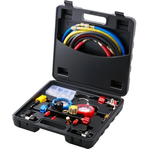 Manómetro VEVOR de 4 vías para aire acondicionado - Juego de manómetros para refrigerantes R134A, R22, R12 y R410A. Manómetros para freón con mangueras de 1,5 m, acopladores y grifo para carga y evacuación de freón en automóviles.