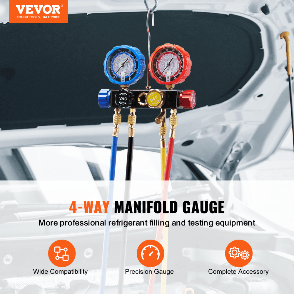 Manómetro VEVOR de 4 vías para aire acondicionado - Juego de manómetros para refrigerantes R134A, R22, R12 y R410A. Manómetros para freón con mangueras de 1,5 m, acopladores y grifo para carga y evacuación de freón en automóviles.