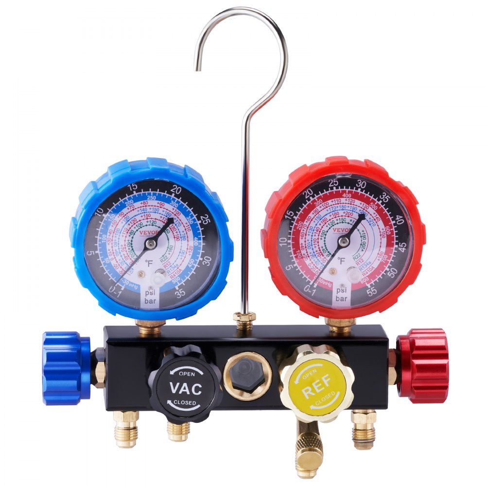 Manómetro VEVOR de 4 vías para aire acondicionado - Juego de manómetros para refrigerantes R134A, R22, R12 y R410A. Manómetros para freón con mangueras de 1,5 m, acopladores y grifo para carga y evacuación de freón en automóviles.