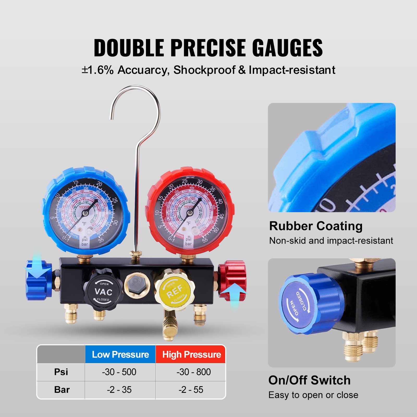 Manómetro VEVOR de 4 vías para aire acondicionado - Juego de manómetros para refrigerantes R134A, R22, R12 y R410A. Manómetros para freón con mangueras de 1,5 m, acopladores y grifo para carga y evacuación de freón en automóviles.