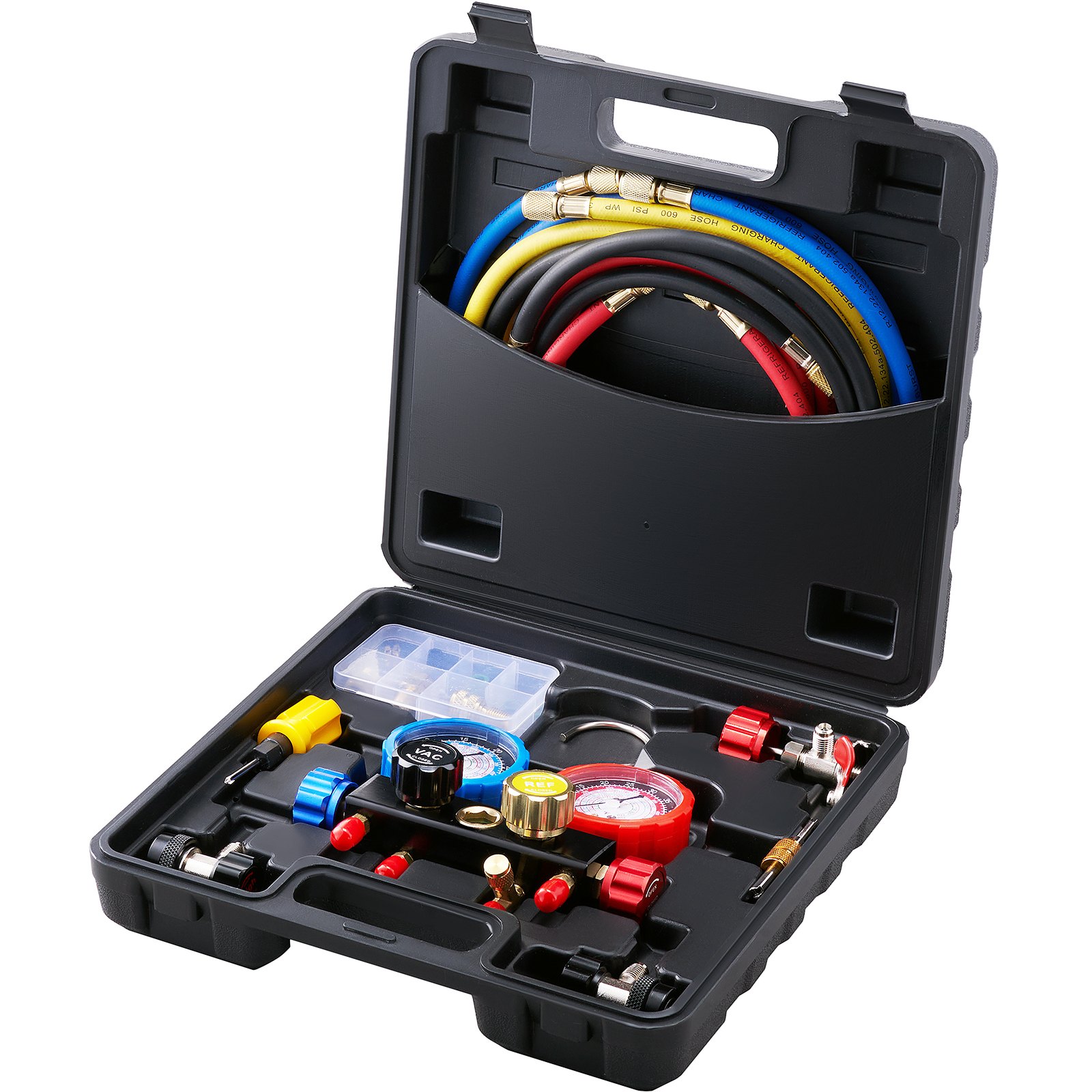 Manómetro VEVOR de 4 vías para aire acondicionado - Juego de manómetros para refrigerantes R134A, R22, R12 y R410A. Manómetros para freón con mangueras de 1,5 m, acopladores y grifo para carga y evacuación de freón en automóviles.