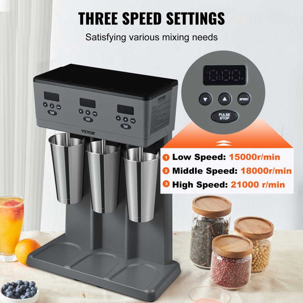 Batidora VEVOR, 375 W x 3, batidora eléctrica de tres cabezales para uso comercial, microinterruptor inteligente LED, batidora de 3 velocidades con 3 vasos de acero inoxidable de 820 ml.