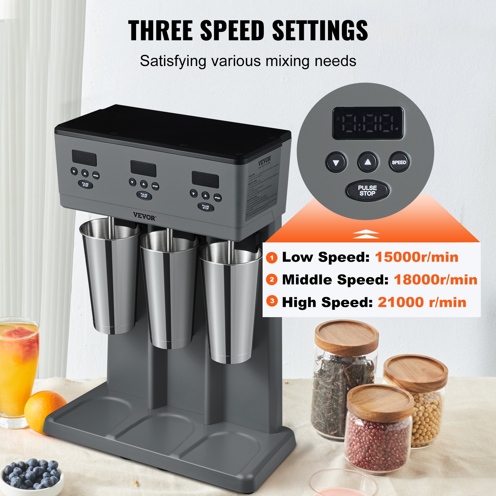 Batidora VEVOR, 375 W x 3, batidora eléctrica de tres cabezales para uso comercial, microinterruptor inteligente LED, batidora de 3 velocidades con 3 vasos de acero inoxidable de 820 ml.