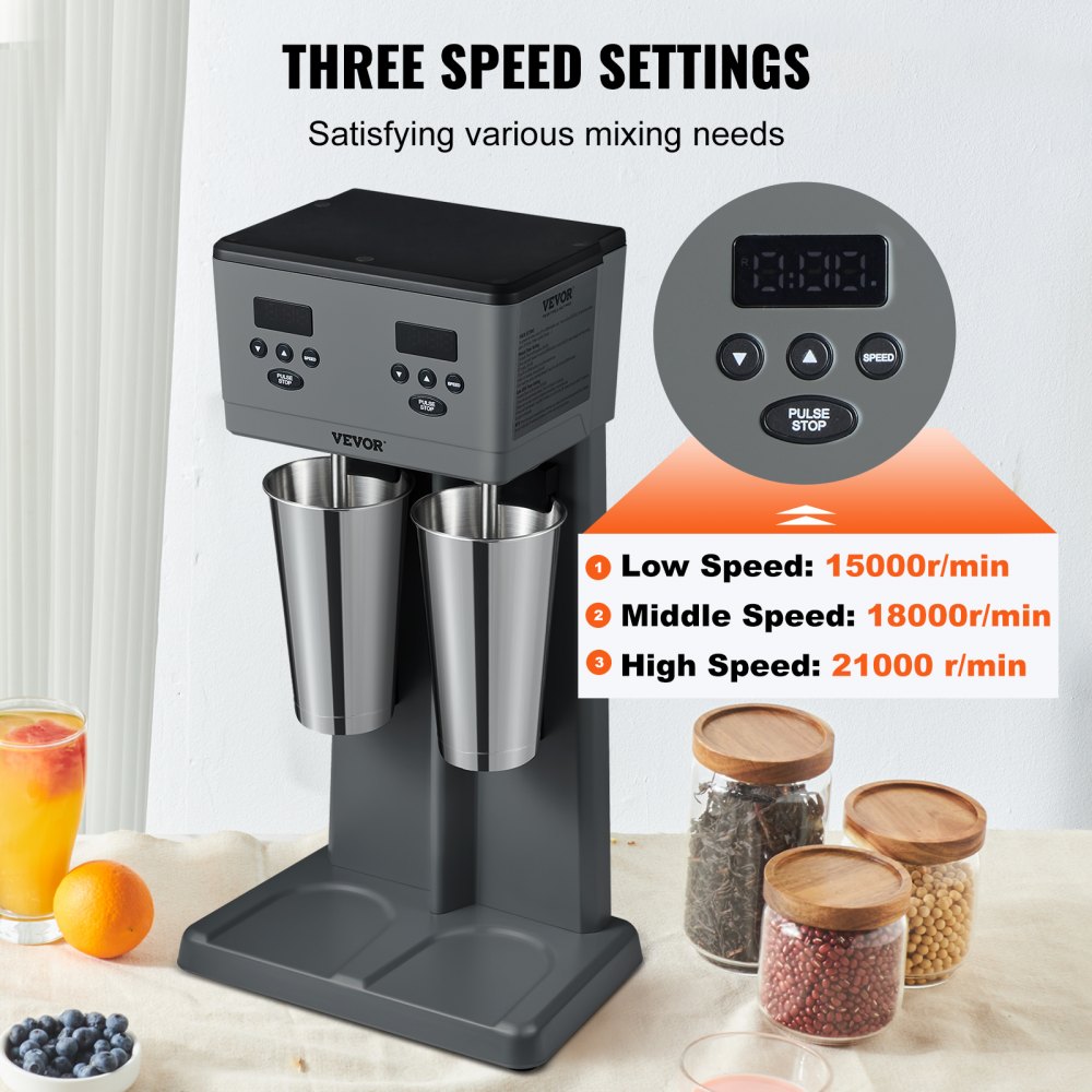 Máquina para hacer batidos VEVOR con tres configuraciones de velocidad, tazas de acero inoxidable y botones de control.