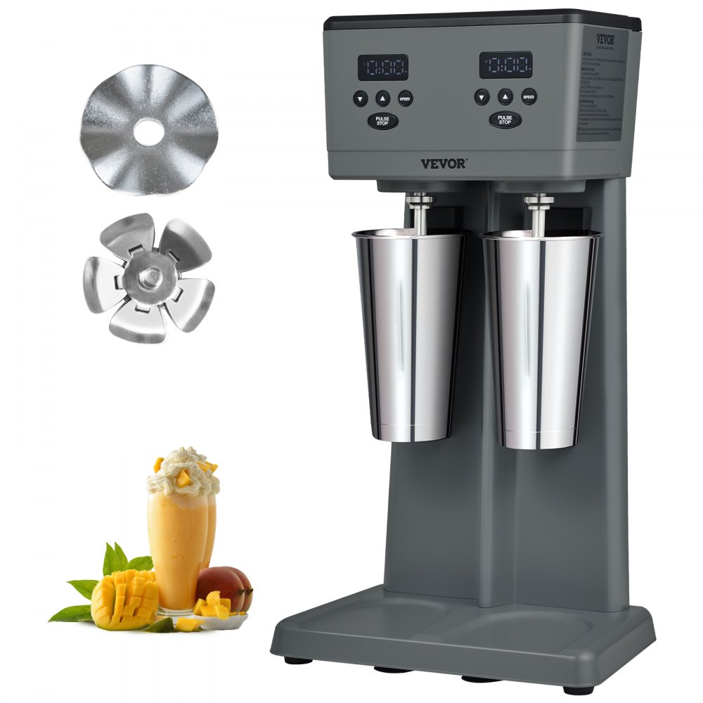 Máquina para hacer malteadas VEVOR con dos vasos de acero inoxidable, dos cuchillas y una cremosa malteada de mango.