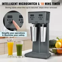 VEVOR Batidora Eléctrica, 375W x 2 Batidora Eléctrica, Batidora Comercial de Doble Cabezal, Microinterruptor Inteligente LED, Batidora de Batido de 3 Velocidades con 2 Vasos de Acero Inoxidable de 820ml