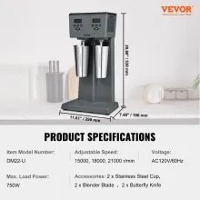 VEVOR Batidora Eléctrica, 375W x 2 Batidora Eléctrica, Batidora Comercial de Doble Cabezal, Microinterruptor Inteligente LED, Batidora de Batido de 3 Velocidades con 2 Vasos de Acero Inoxidable de 820ml