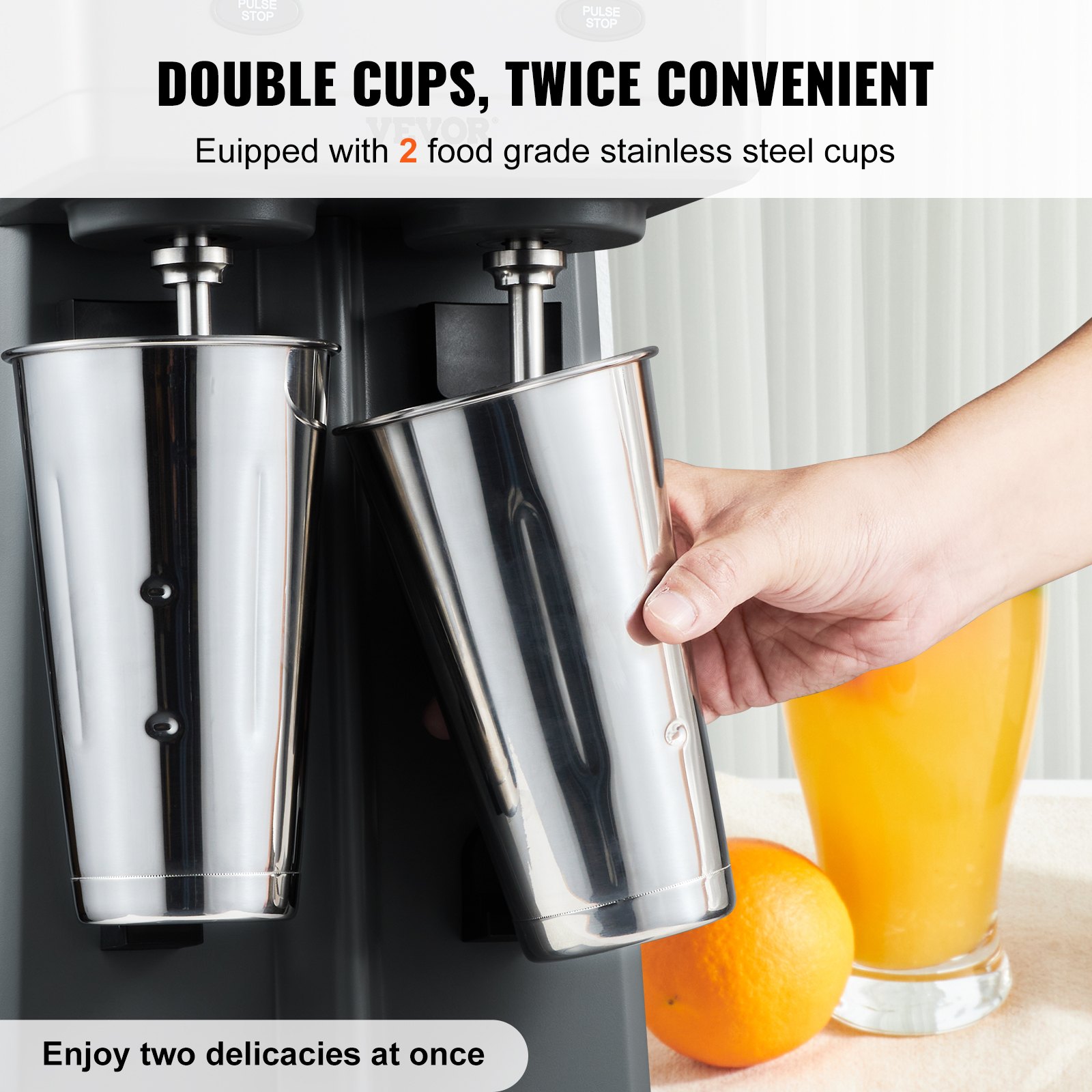 Máquina para hacer malteadas VEVOR con dos tazas de acero inoxidable para una doble comodidad. Disfruta de dos delicias a la vez.