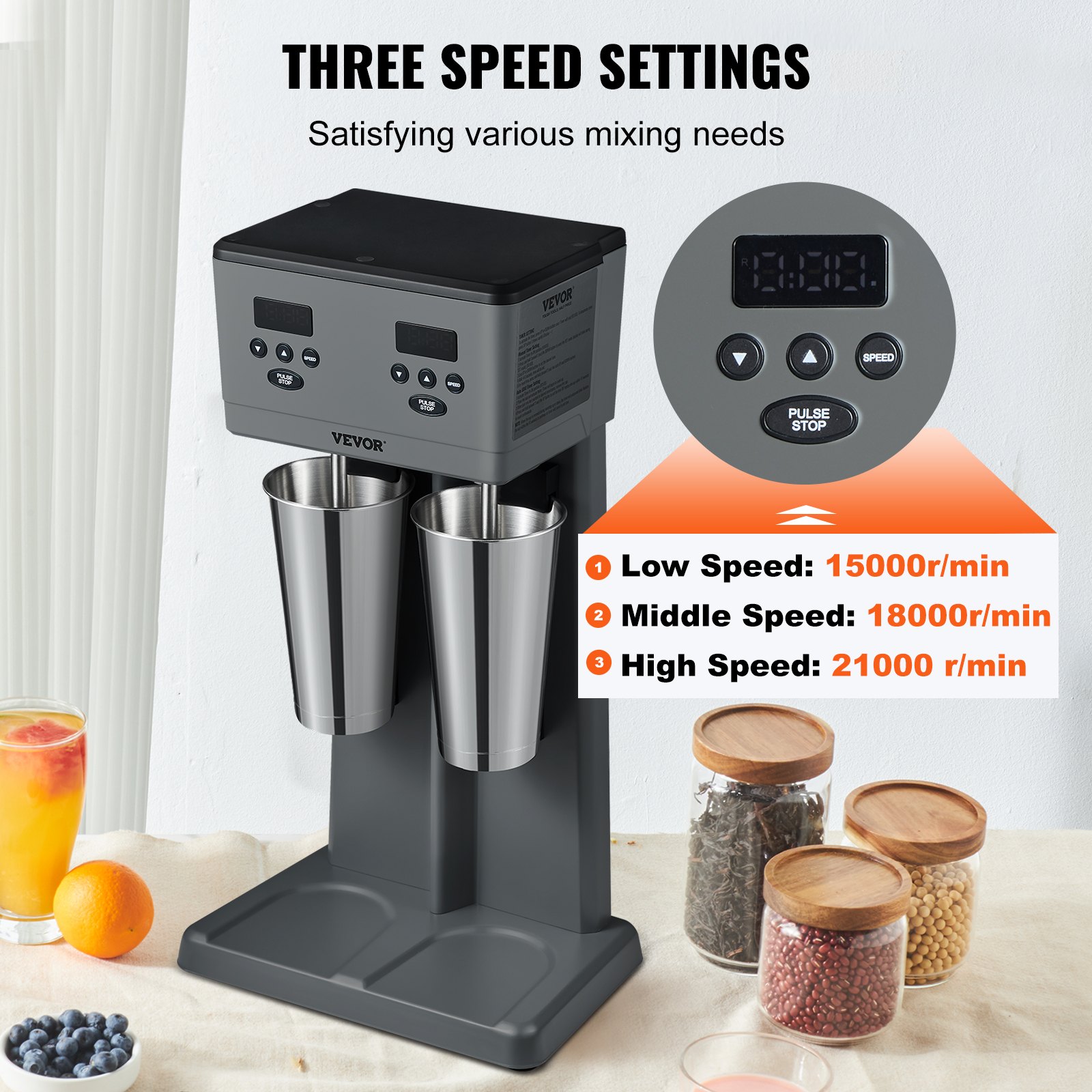 Máquina para hacer batidos VEVOR con tres configuraciones de velocidad, tazas de acero inoxidable y botones de control.