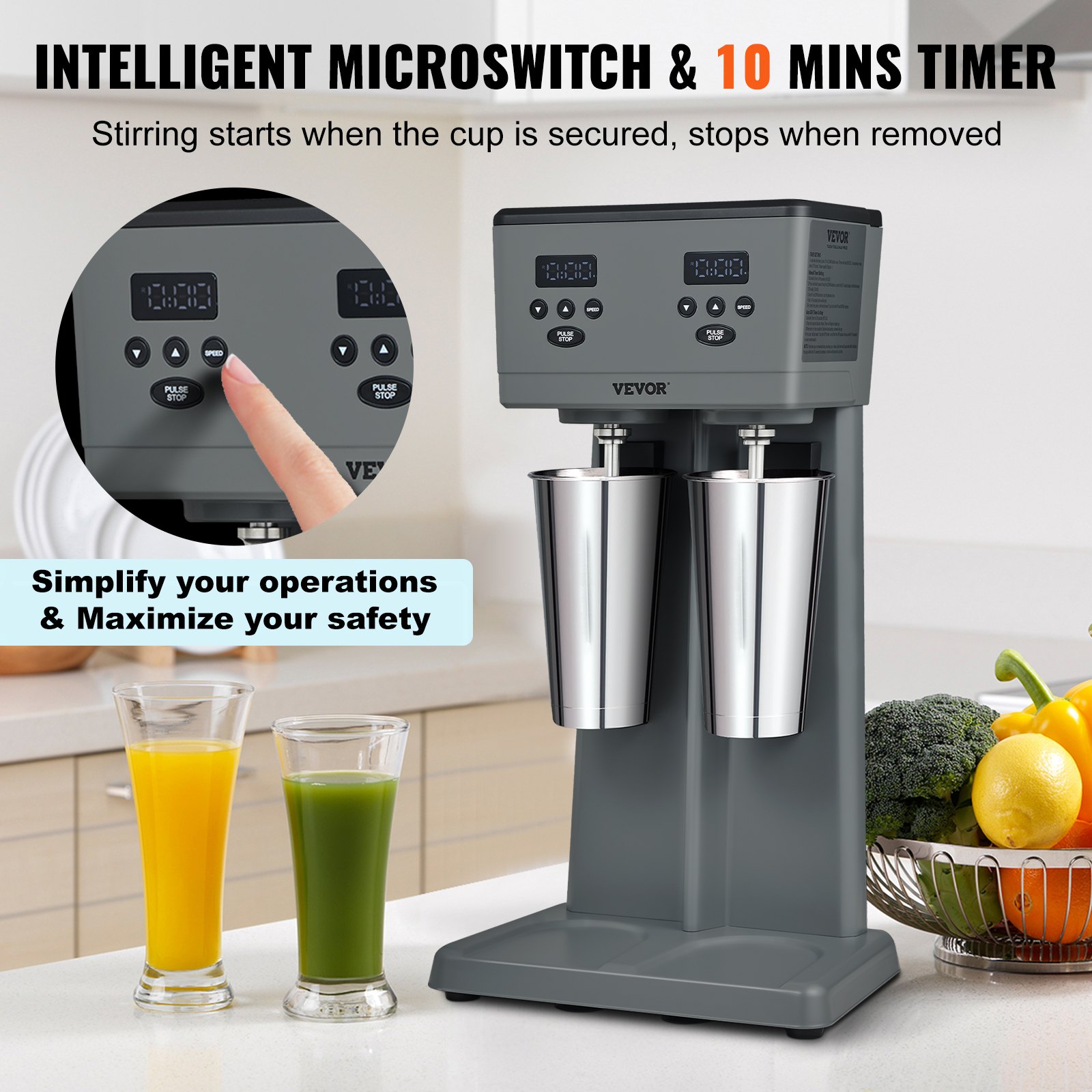 Máquina para hacer malteadas VEVOR con microinterruptor inteligente, tazas duales, control digital y temporizador de 10 minutos.