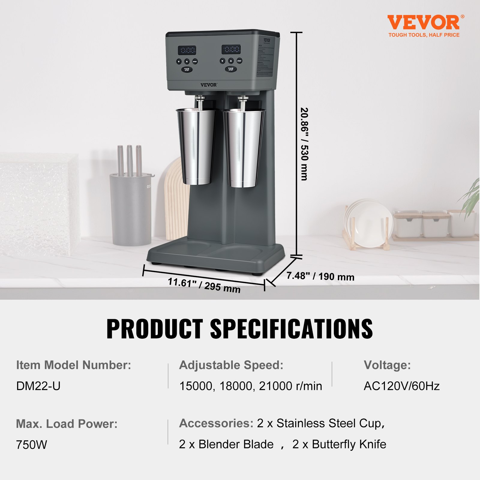 Máquina para hacer malteadas VEVOR con dos vasos de acero inoxidable, velocidad ajustable y 750 W de potencia.