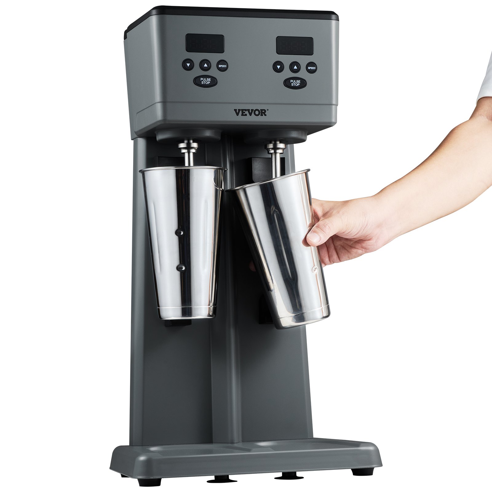 Máquina para hacer batidos VEVOR con dos tazas de acero inoxidable y una taza ajustable por el usuario.