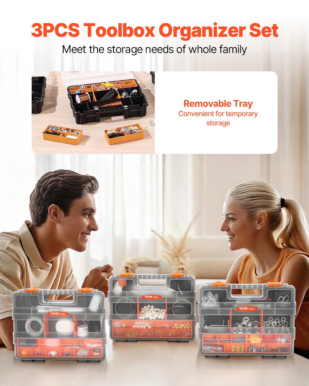 VEVOR - Organizador de piezas pequeñas (paquete de 3), 21 compartimentos, caja organizadora de herramientas con divisores extraíbles, caja de almacenamiento de hardware de PP de alta calidad con pestillo de seguridad y asa portátil para tuercas, pernos, tornillos y clavos.