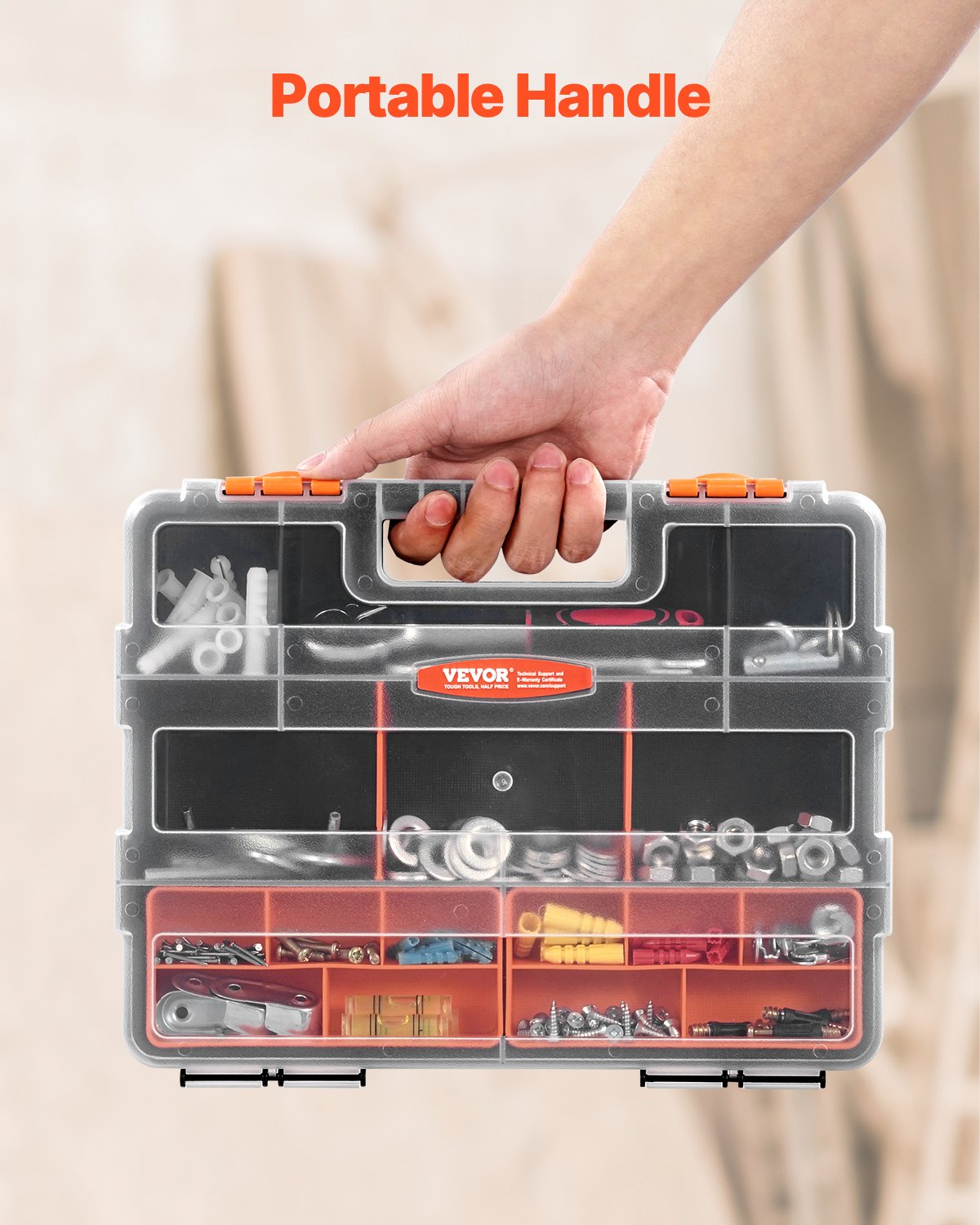VEVOR - Organizador de piezas pequeñas (paquete de 3), 21 compartimentos, caja organizadora de herramientas con divisores extraíbles, caja de almacenamiento de hardware de PP de alta calidad con pestillo de seguridad y asa portátil para tuercas, pernos, tornillos y clavos.