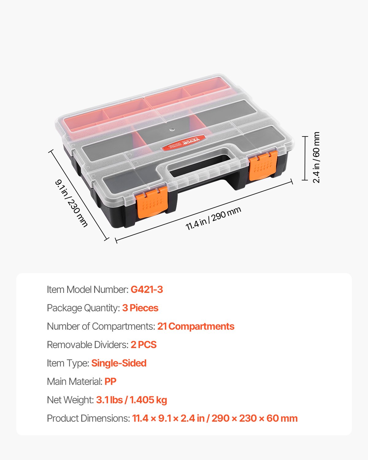 VEVOR - Organizador de piezas pequeñas (paquete de 3), 21 compartimentos, caja organizadora de herramientas con divisores extraíbles, caja de almacenamiento de hardware de PP de alta calidad con pestillo de seguridad y asa portátil para tuercas, pernos, tornillos y clavos.
