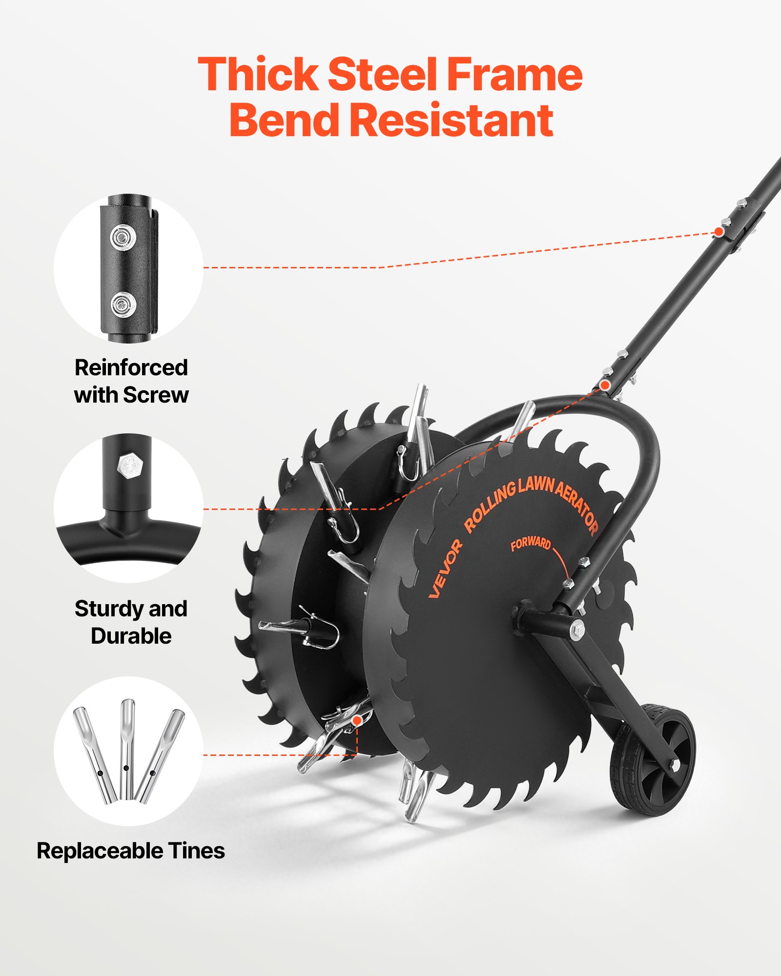 VEVOR Rolling Lawn Core Aerator, 16.6 in Coring Aerator Roller with Anti-Clog Tines, Heavy Duty & Rust-Resistant, Yard Grass Pulling Plugs Manual Aeration Tool for Compacted Garden Soil Loosening