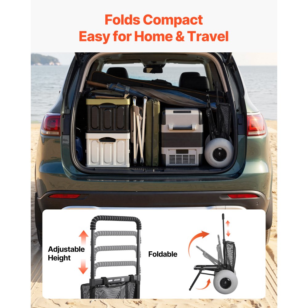 VEVOR Carro de Playa con Ruedas de Globo, Carrito Plegable Capacidad de Carga de 75 kg, Altura Ajustable de 85,5 a 115 cm, con Estructura de Acero, para Camping, Pesca, Eventos Deportivos, Picnics